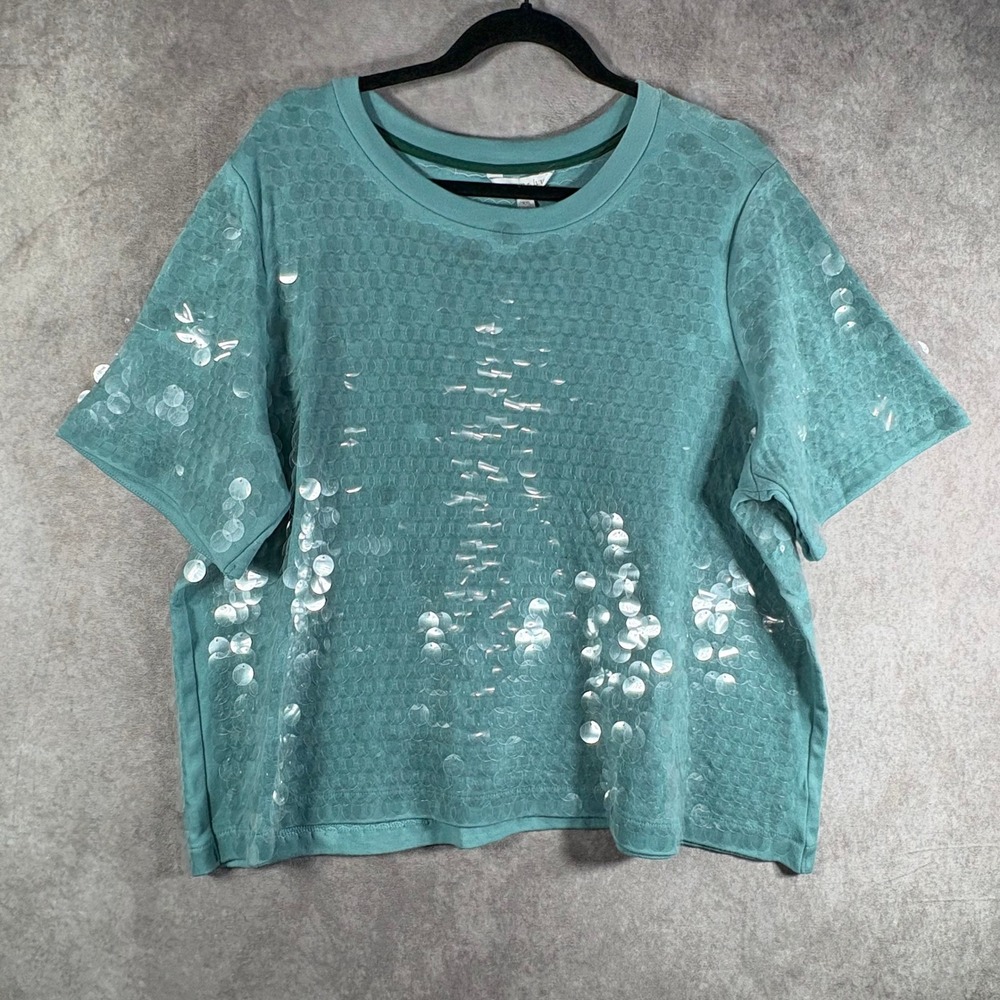 Crown & Ivy Top Womens XXL Turquoise Sequin Knit Short Sleeve‎ Embellished NEW